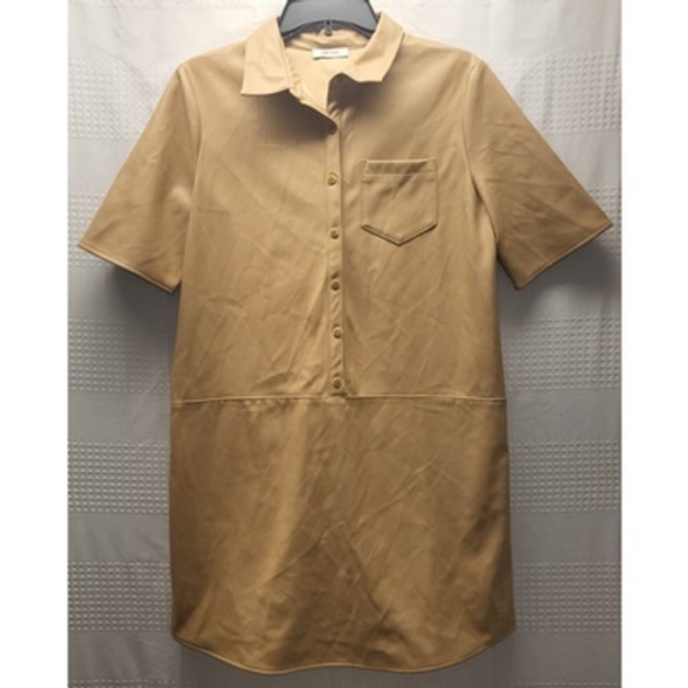 Nine West Dress Medium Tan Faux Leather Short Sleeve Retro Mini Poplin Collar M